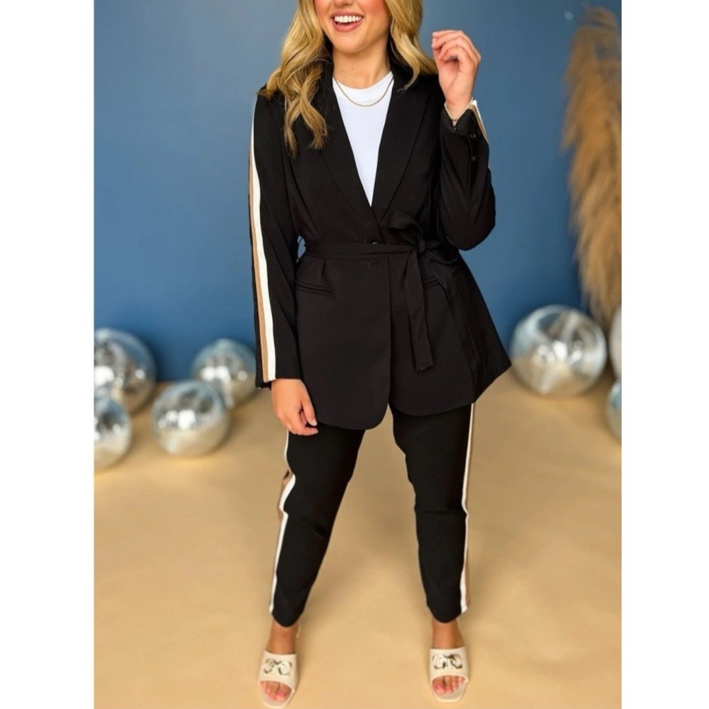 Fate Black Contrast Side Tape Trim Women S Suit Set Streetwear Stripe Trackstyle